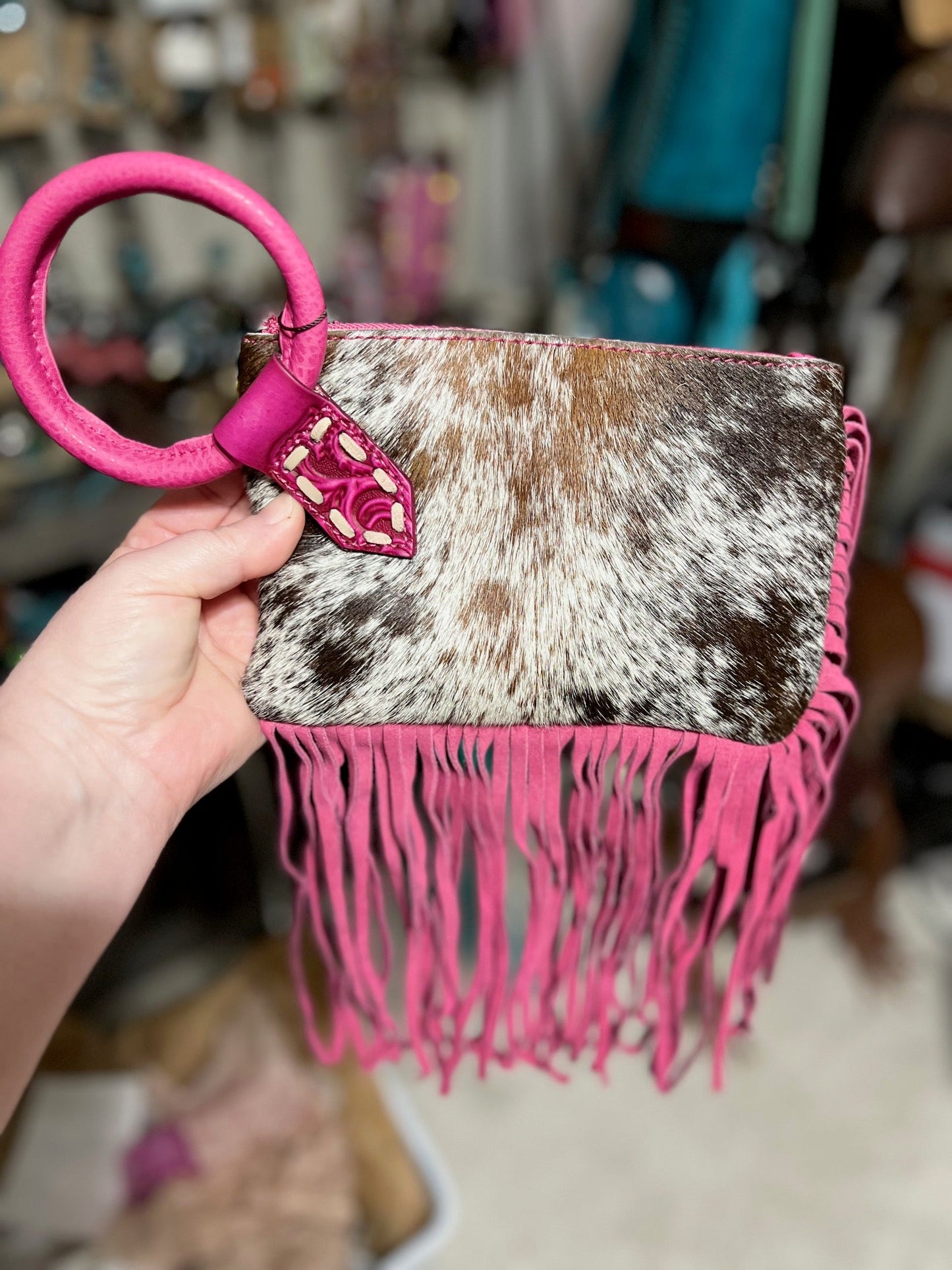 Trinity Ranch Genuine Hair-On Cowhide Ring Handle Wristlet Clutch Bag
