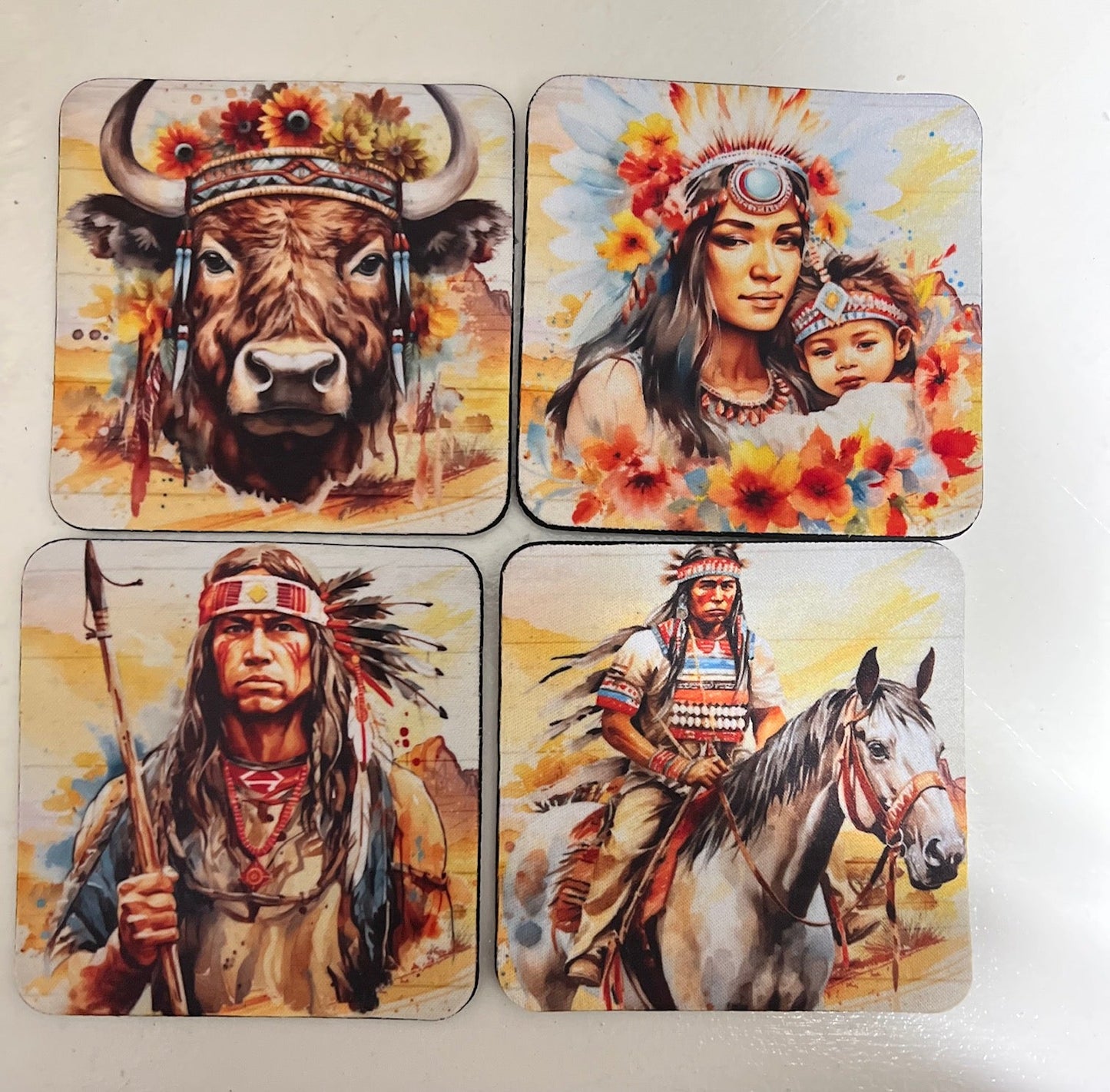 Native American Western Neoprene 4 Inch Square Coasters - Set of 4