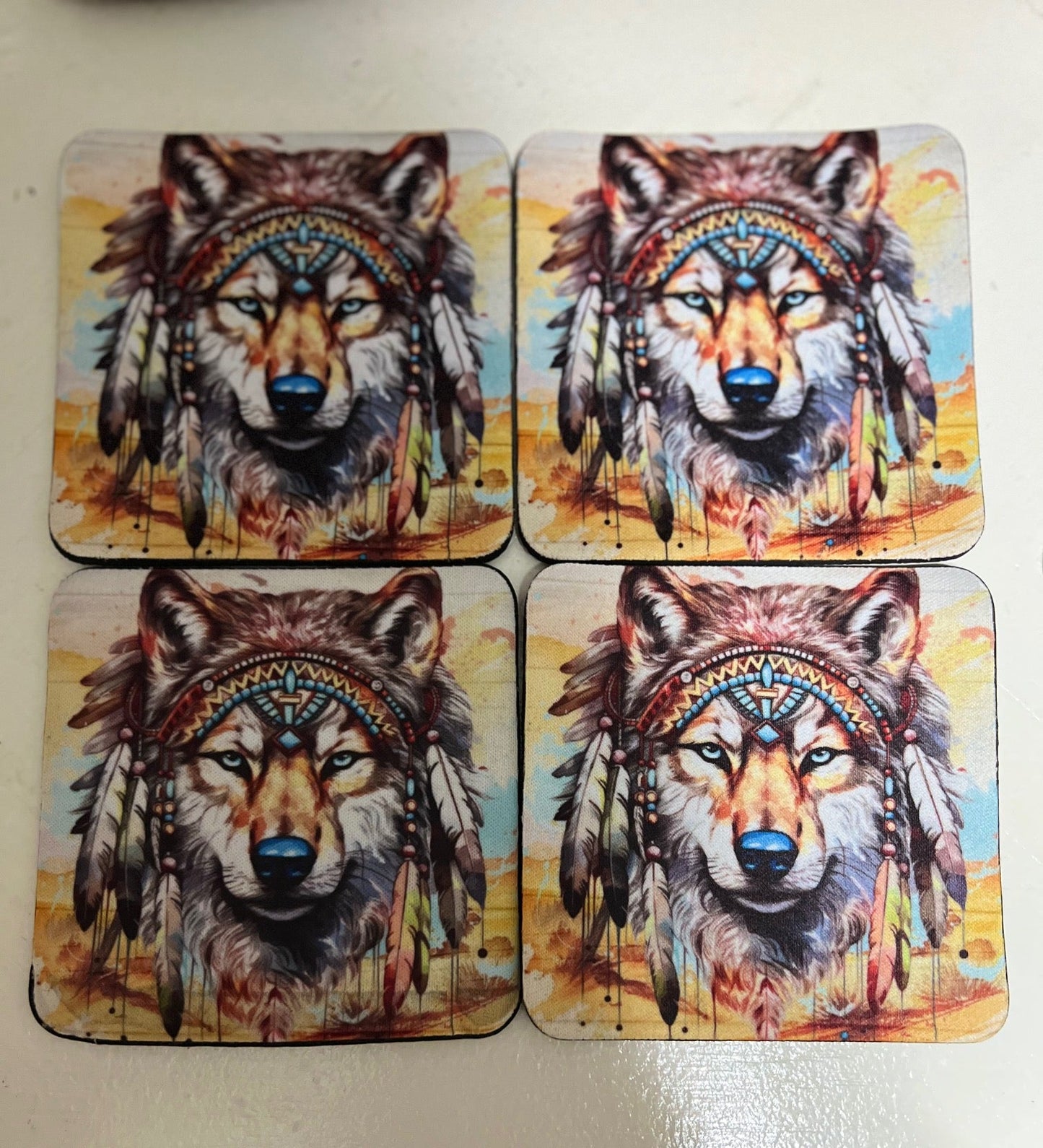 Wolf Native Western Neoprene 4 Inch Square Coasters - Set of 4