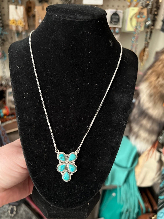 5 Stone Hada Collection Genuine Turquoise Pendant Necklace in Sterling Silver - 18 inch