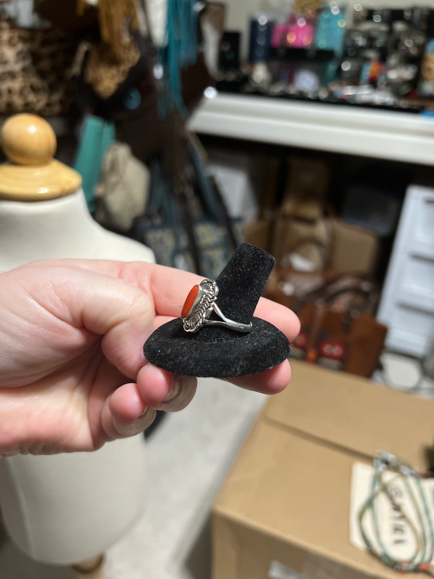 Artist - Virgil Chee / Classic Genuine Sterling Silver Navajo Handmade Coral Ring