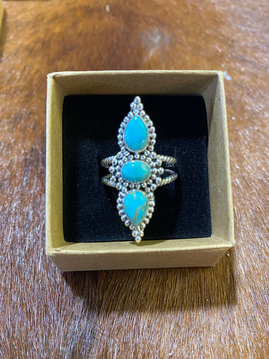 Kingman Turquoise 3 Stone .925 Sterling Silver Ring