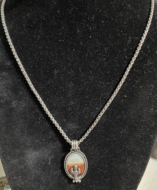 Cactus Sunset Snake Chain Necklace - Silver Plated 24 inch