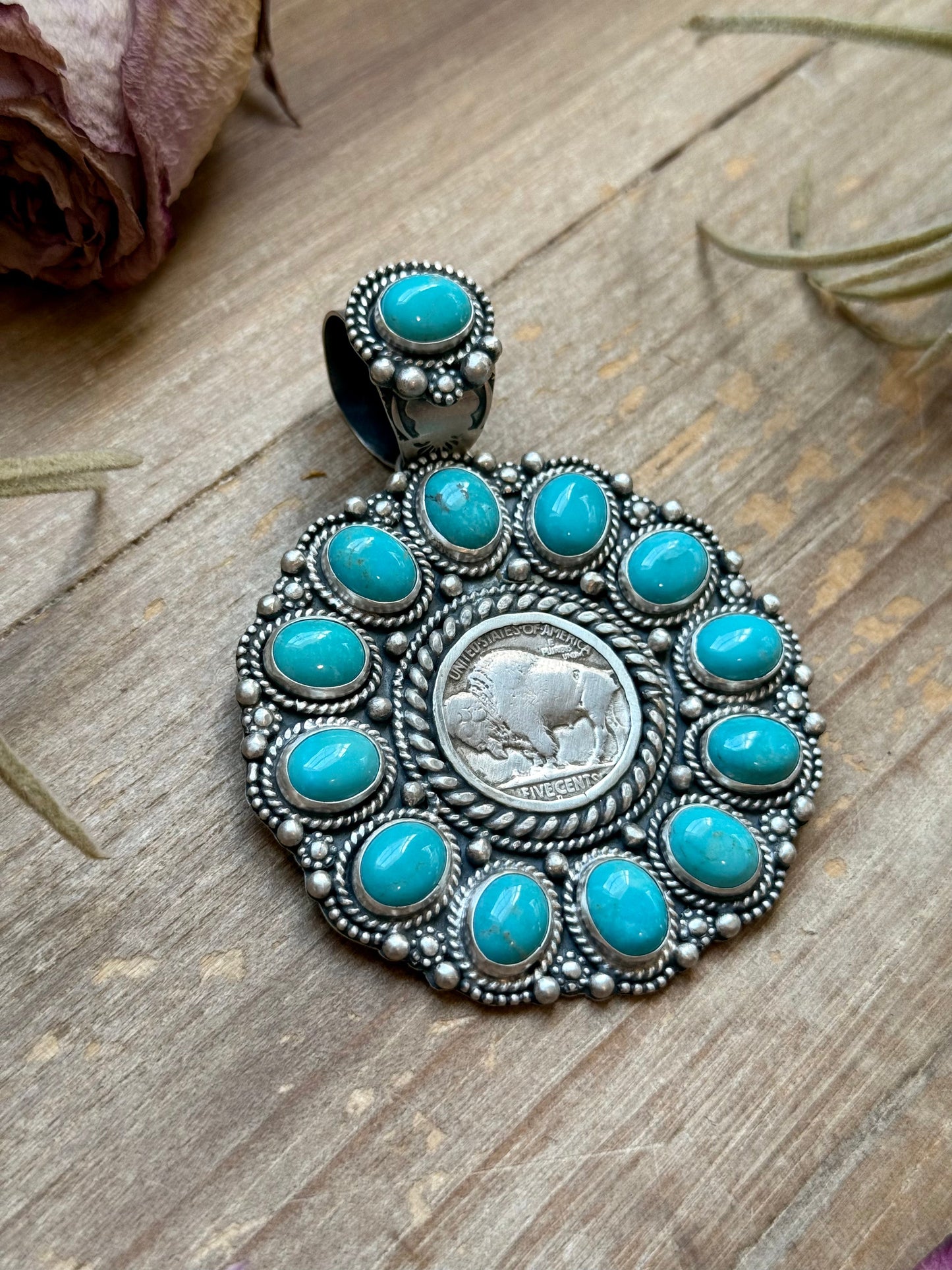 Sterling Silver Kingman Turquoise & Buffalo Nickel Cluster Pendant – Artist Shay Pfeiffer