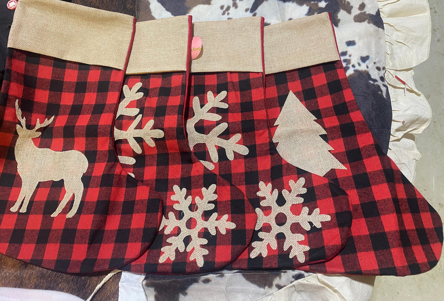 Set of 4 Buffalo Check and Burlap Christmas Stockings