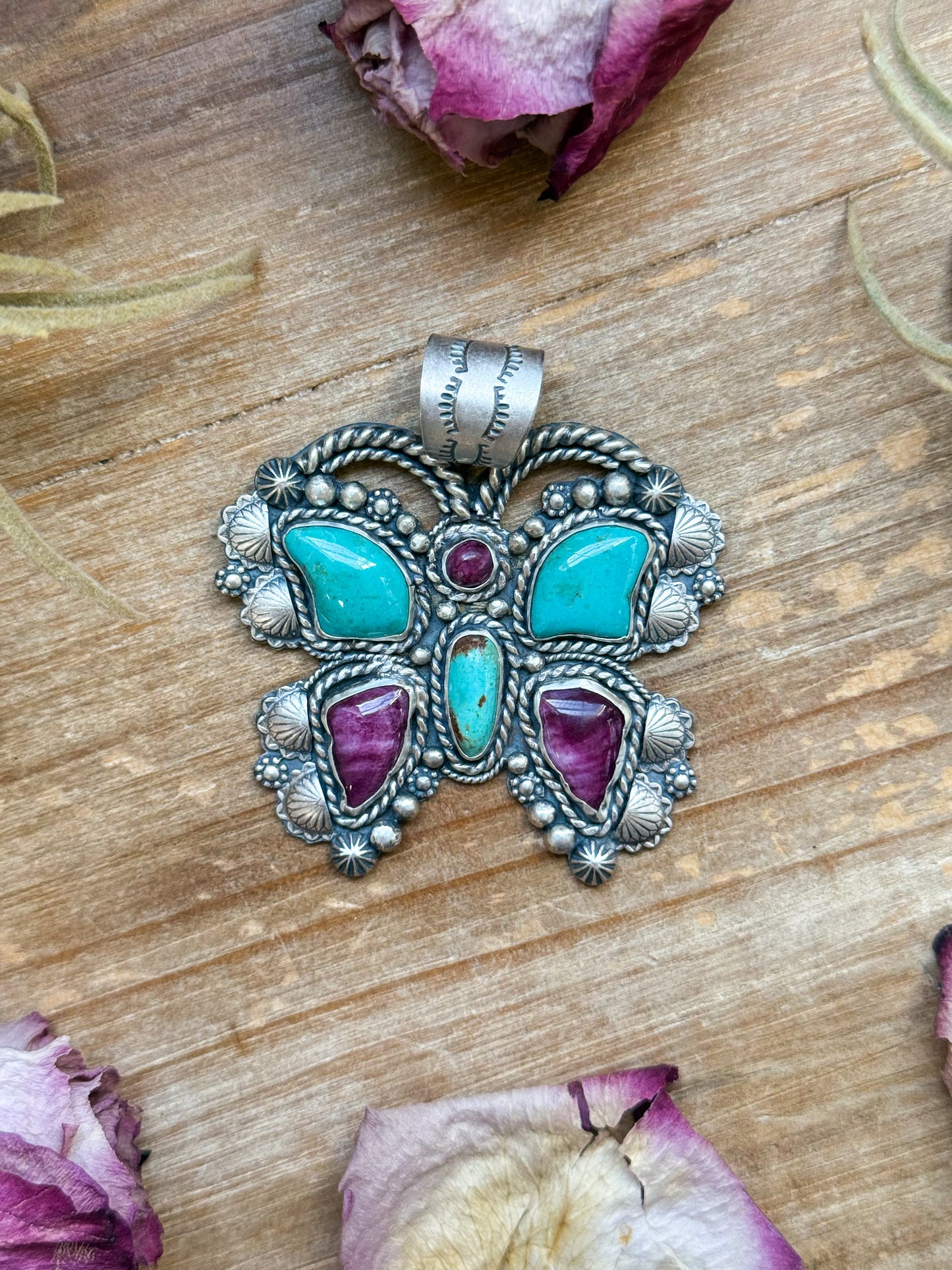 Sterling Silver Butterfly Pendant with Kingman Turquoise & Purple Spiny Oyster – Handmade by Artist Shay Pfeiffer