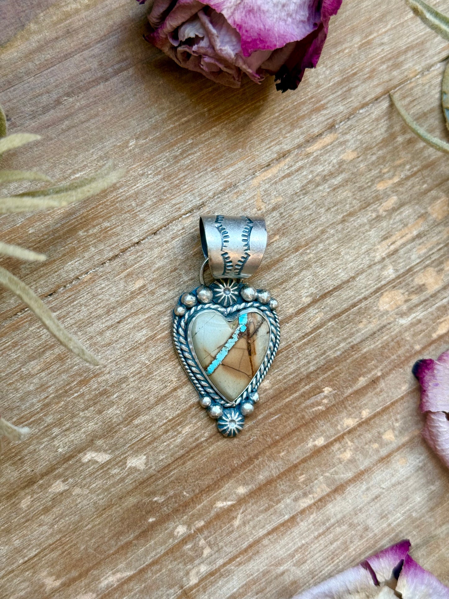 Sterling Silver Ribbon Royston Turquoise Heart Pendant – Fits Up to 10mm Beads – Artist Shay Pfeiffer