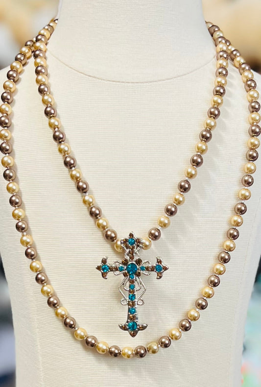 Blue Topaz and Citrine Crystal Fashion Cross Pendant - 3 inch