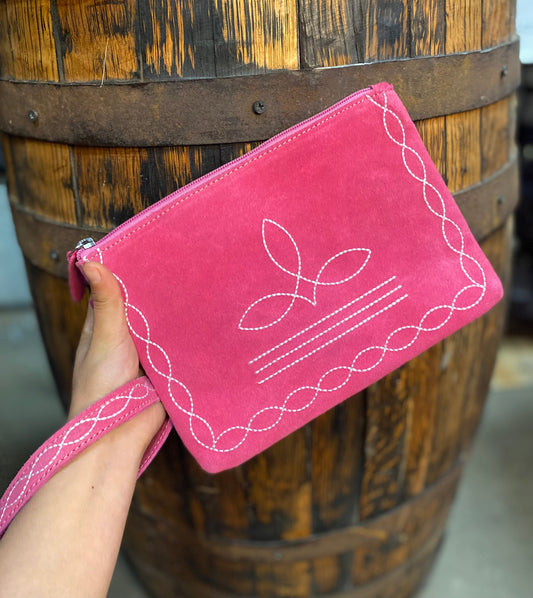 Pink BootStitch Suede Leather Wristlet