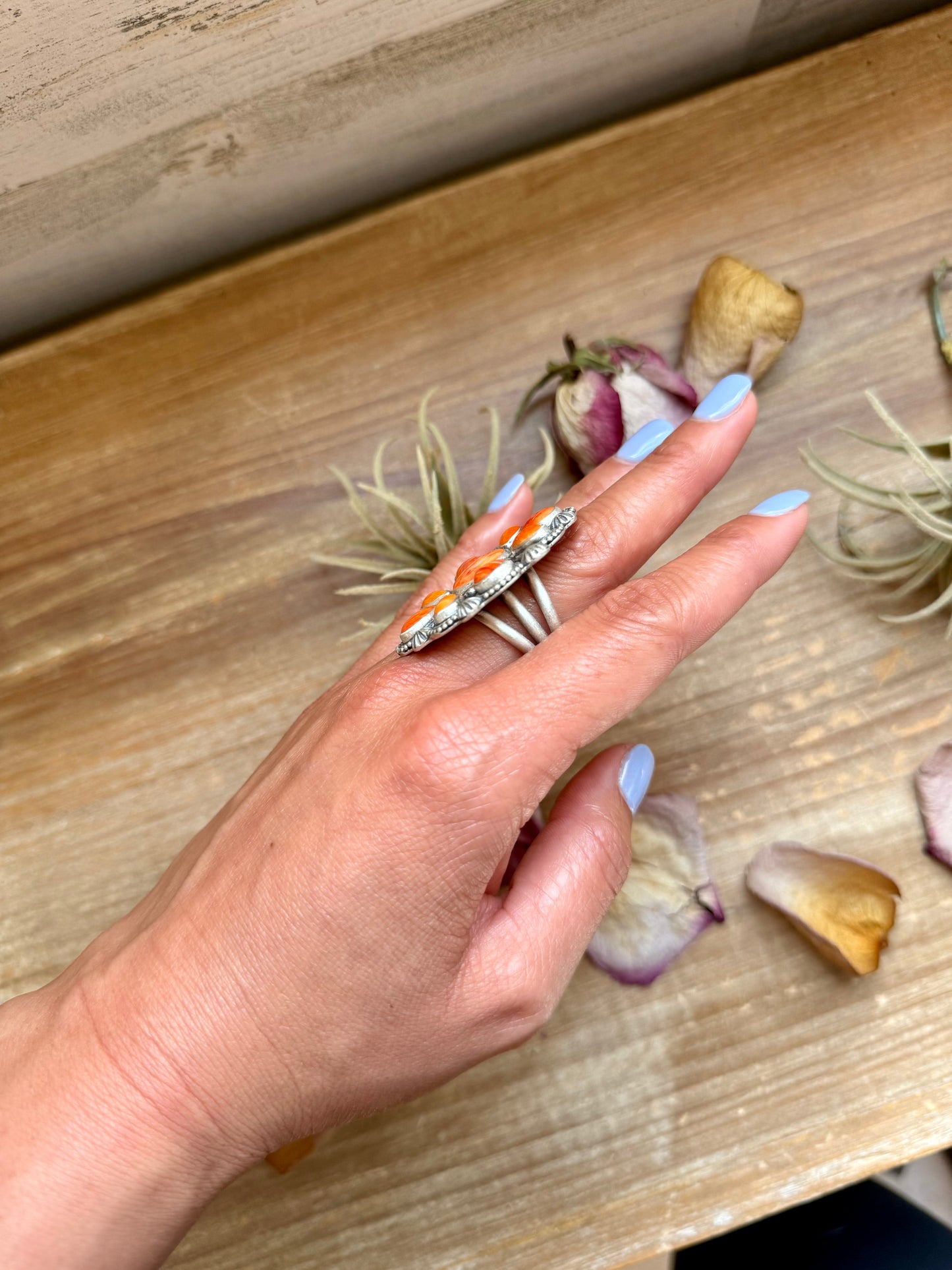 Sterling Silver Orange Spiny Oyster Cluster Ring – Size 9 – Artist Shay Pfeiffer