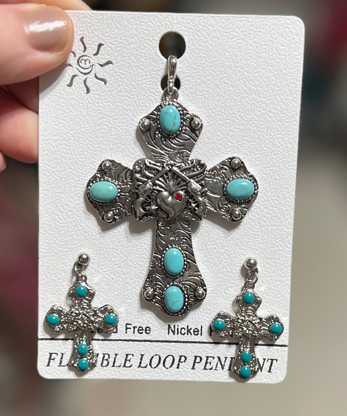 Double Barrel Turquoise Fashion Cross Pendant with Earrings
