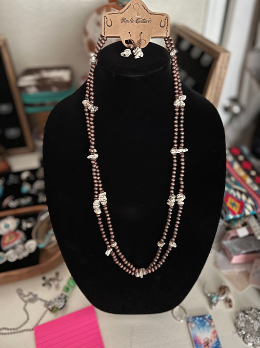 Navajo Inspired Double Layer Turquoise and Pearl Necklace Set