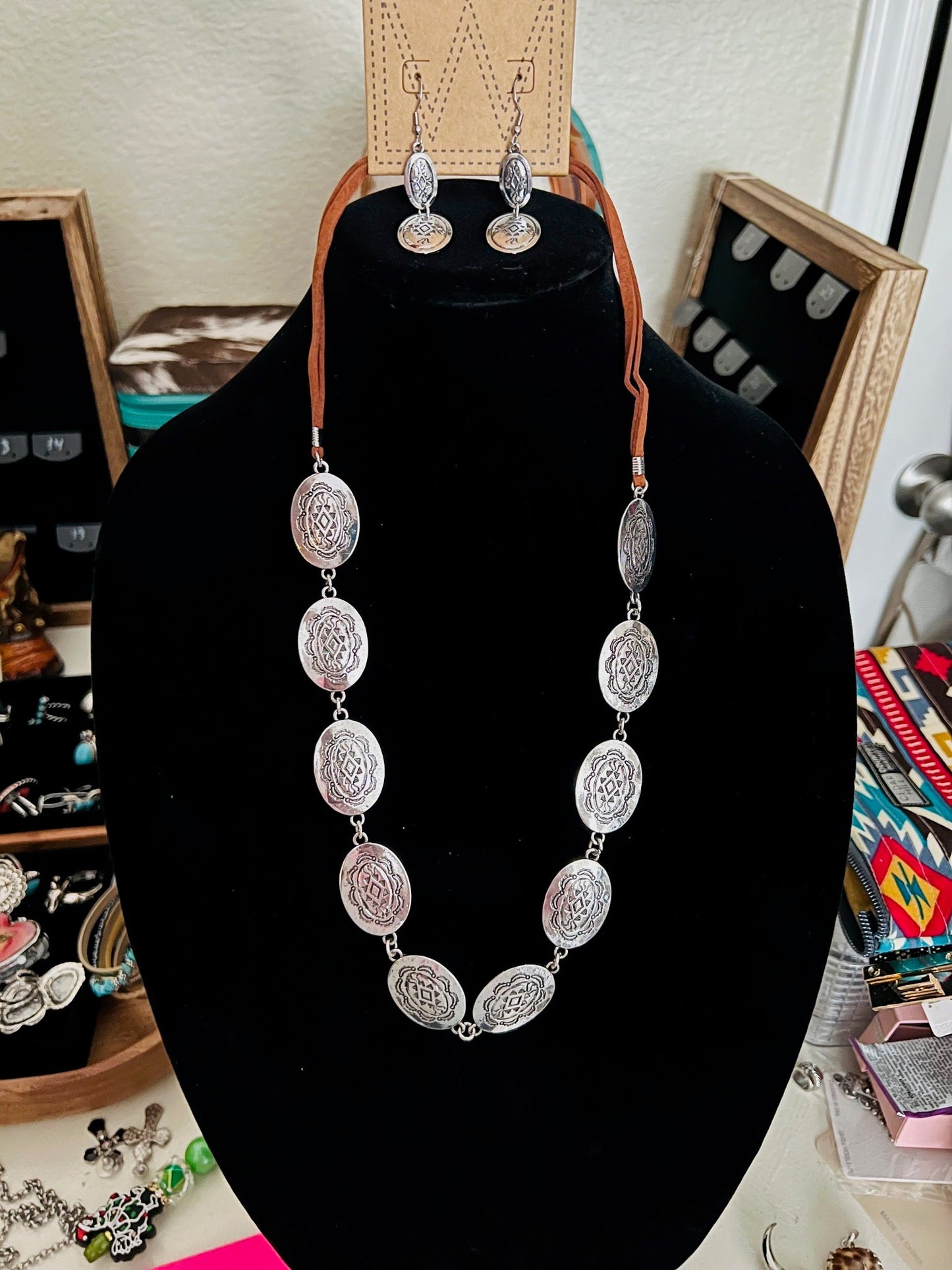 Silver Plated Concho and Leather Necklace Set