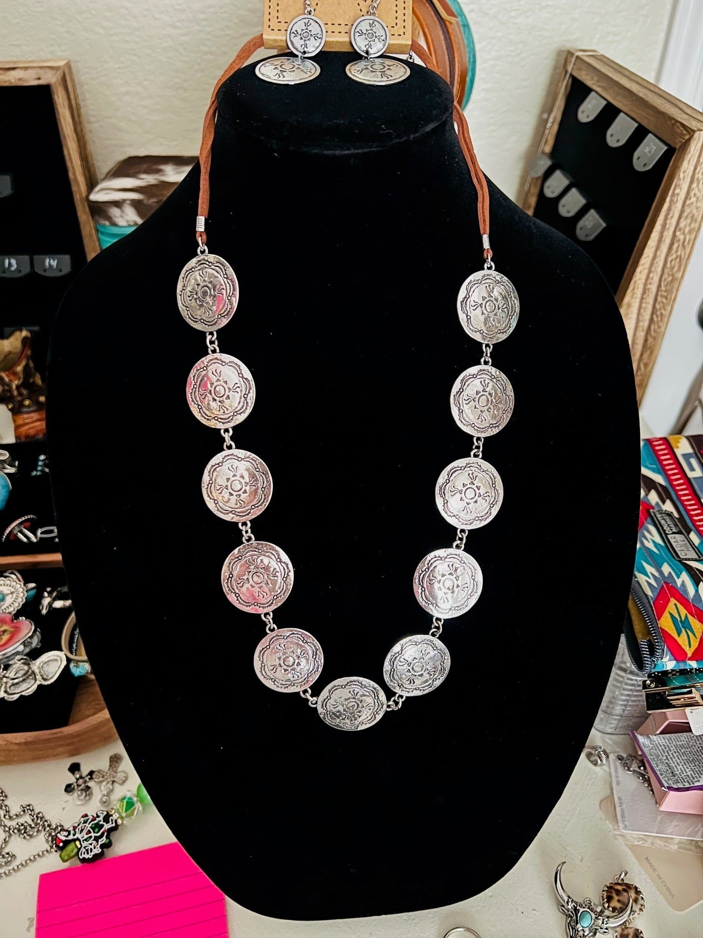 Silver Plated Concho and Leather Necklace Set