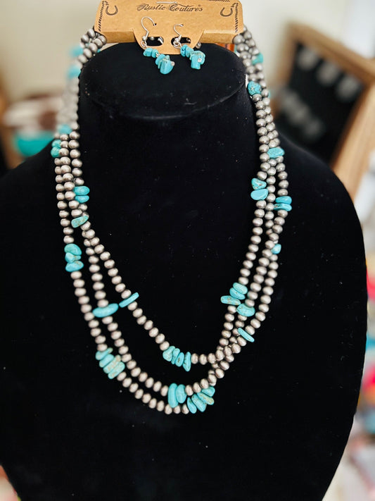 3 Layer Navajo Inspired Turquoise and Pearls Necklace Set