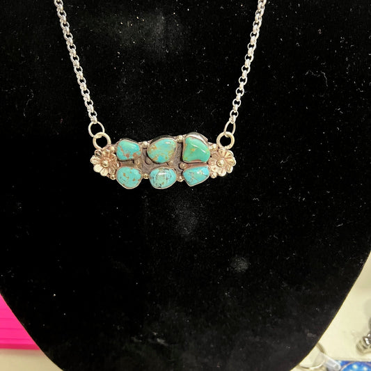 6 Stone Chunky Turquoise with Tibetan Flower Pendant on Sterling Chain