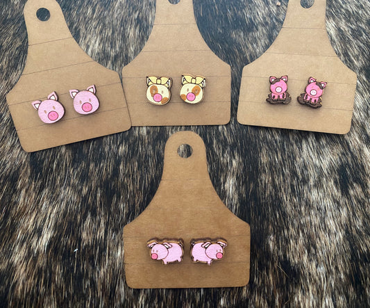 Wood Pig Stud Earrings