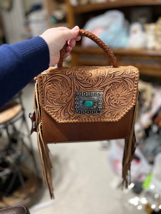 Tooled Leather Crossbody with Tooled Coin Wallet - Mulit