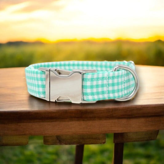 Mint Gingham Dog Collar