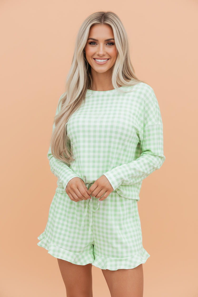 Gingham Long Sleeve Top and Shorts Set