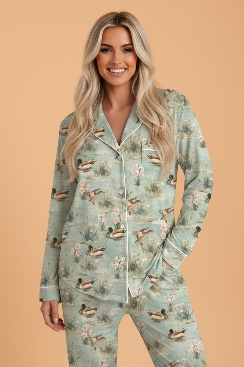 Mallard Floral Buttoned Shirt & Pants Pajama Set
