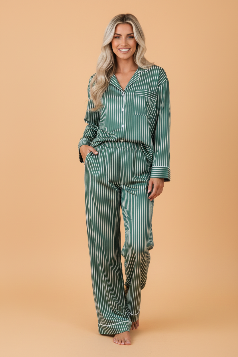 Stripe Piping Trim Shirt & Pants Pajama Set