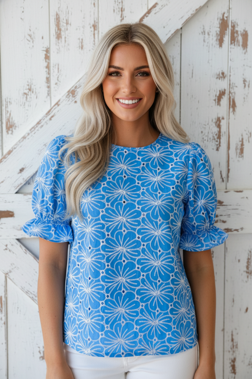 Eyelet Flower Embroidery Frilled Puff Sleeve Blouse