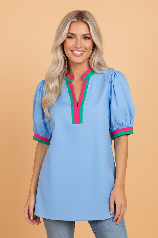 Contrast Stripe V-Neck Collision Short Puff Blouse