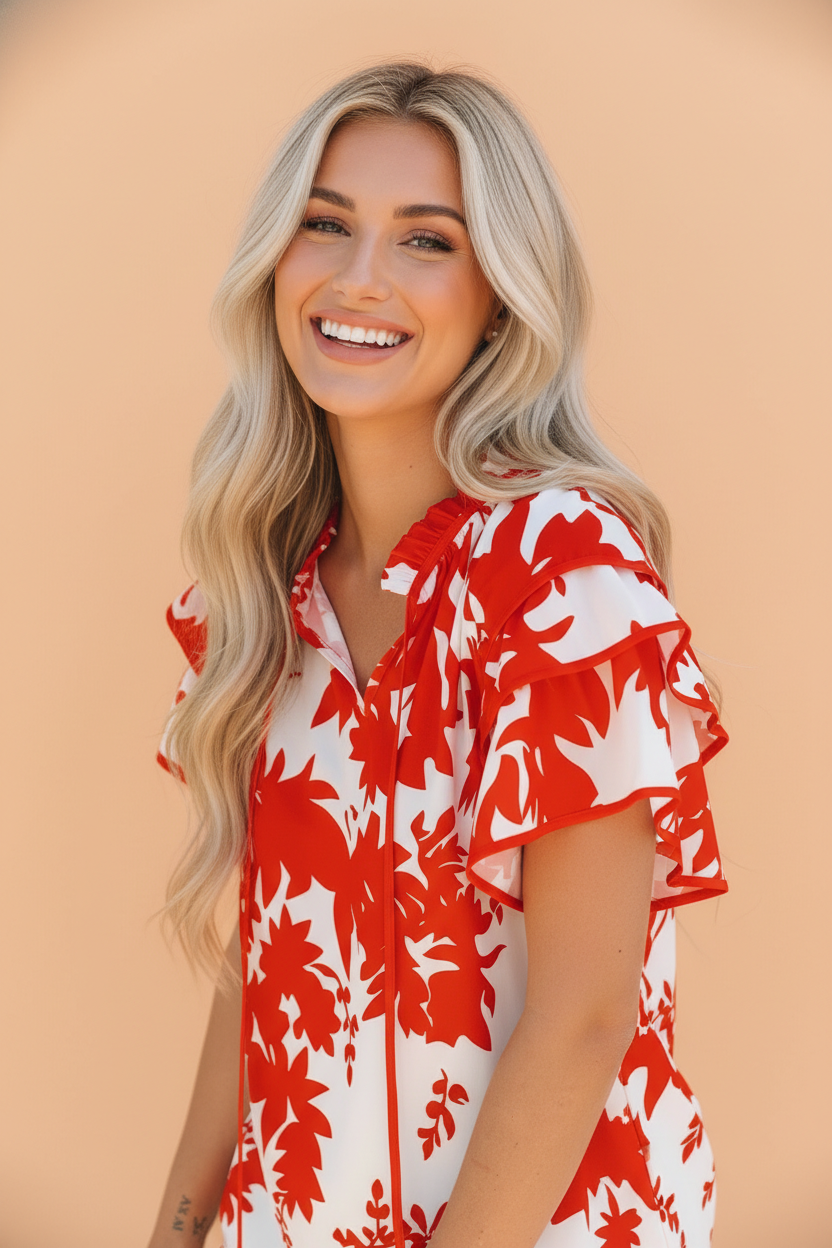 Plant Tiered Ruffle Sleeve V-Neck Blouse