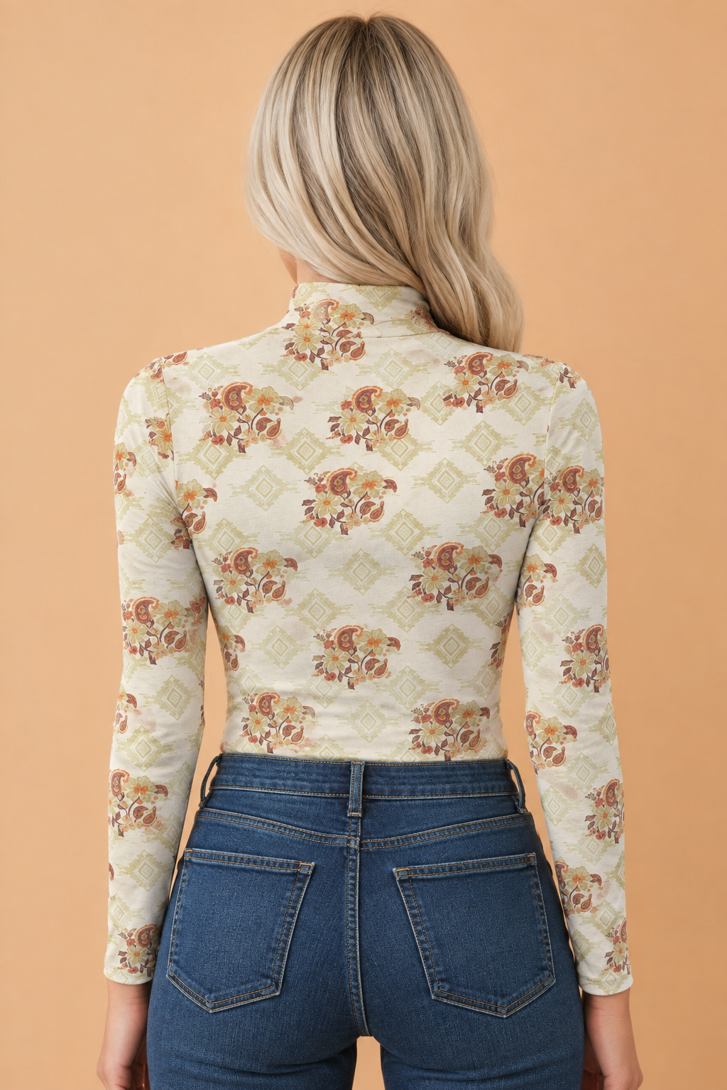 Geometric Paisley Mesh Long Sleeve Mock Neck Top