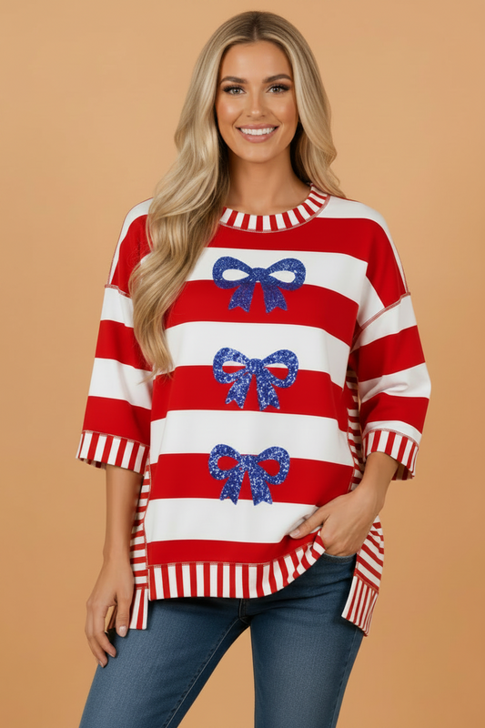Americana Stripe Sequin Bow Short Sleeve Top