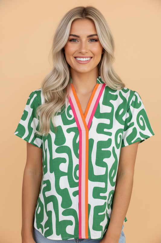 Abstract Stripe Trim V-Neck Short Sleeve Blouse