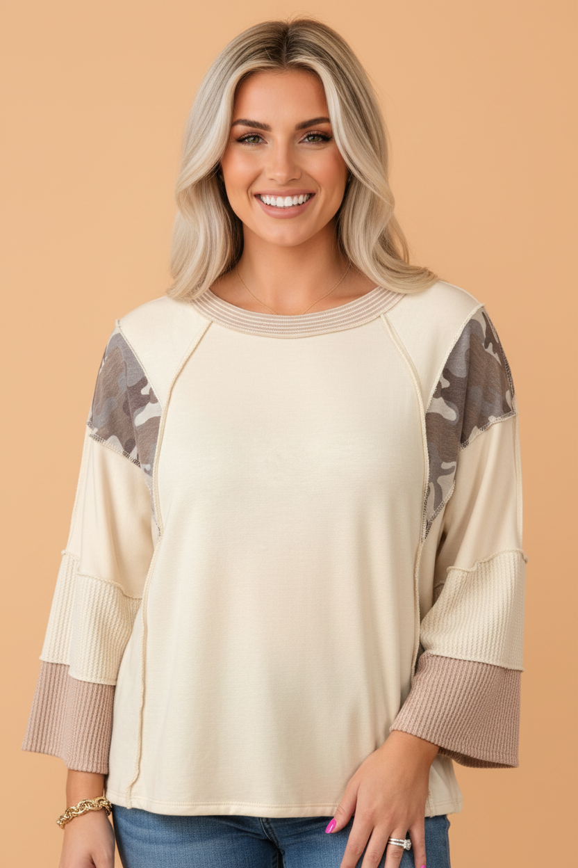 Camo Colorblock Corded Knit 3/4 Sleeve Top