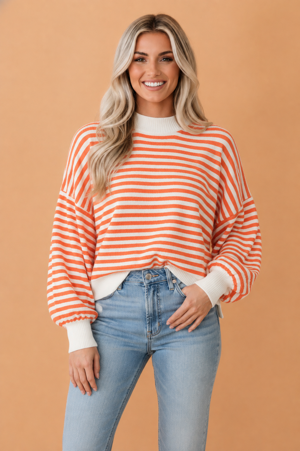 Stripe Textured Mock Neck Long Sleeve Oversized Top