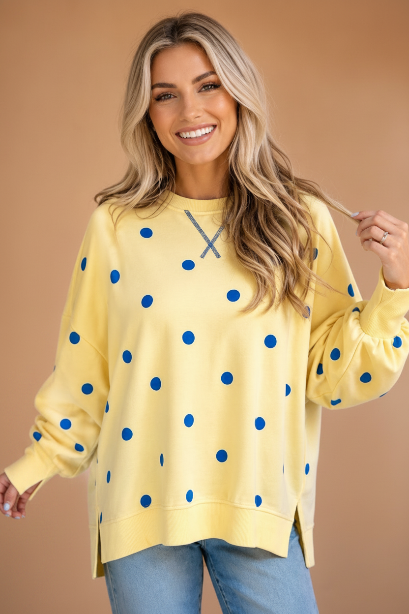 Polka Dot Long Sleeve Split Hem Sweatshirt