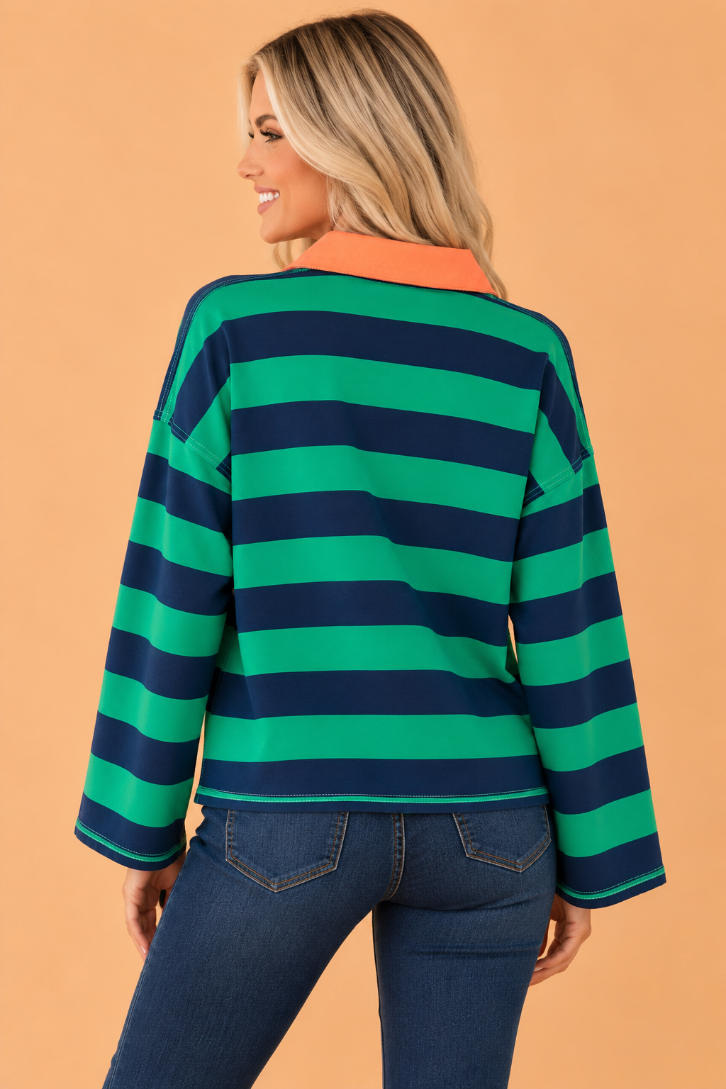 Stripe Quarter-Zip Exposed Seam Long Sleeve Top