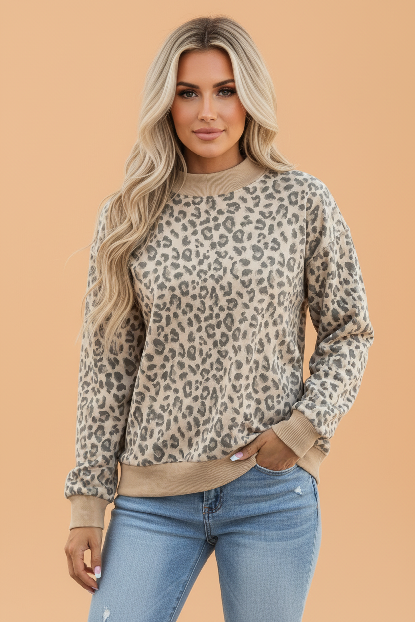 Leopard Ribbed Trim Mock Neck Long Sleeve Top