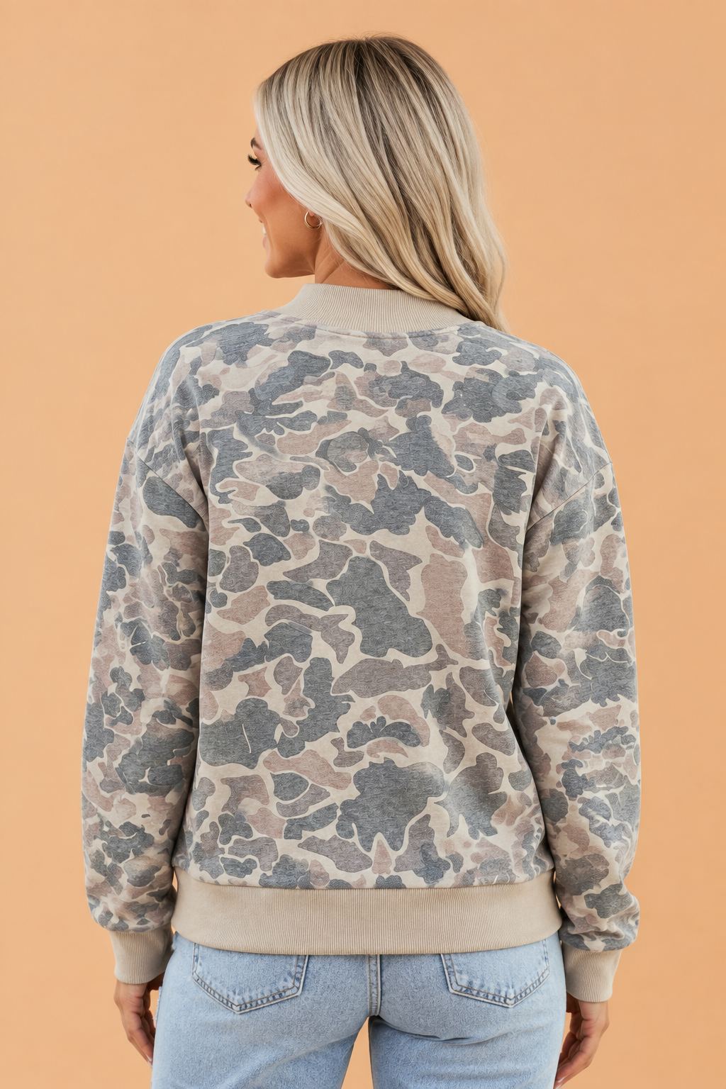 Camo Ribbed Trim Mock Neck Long Sleeve Top