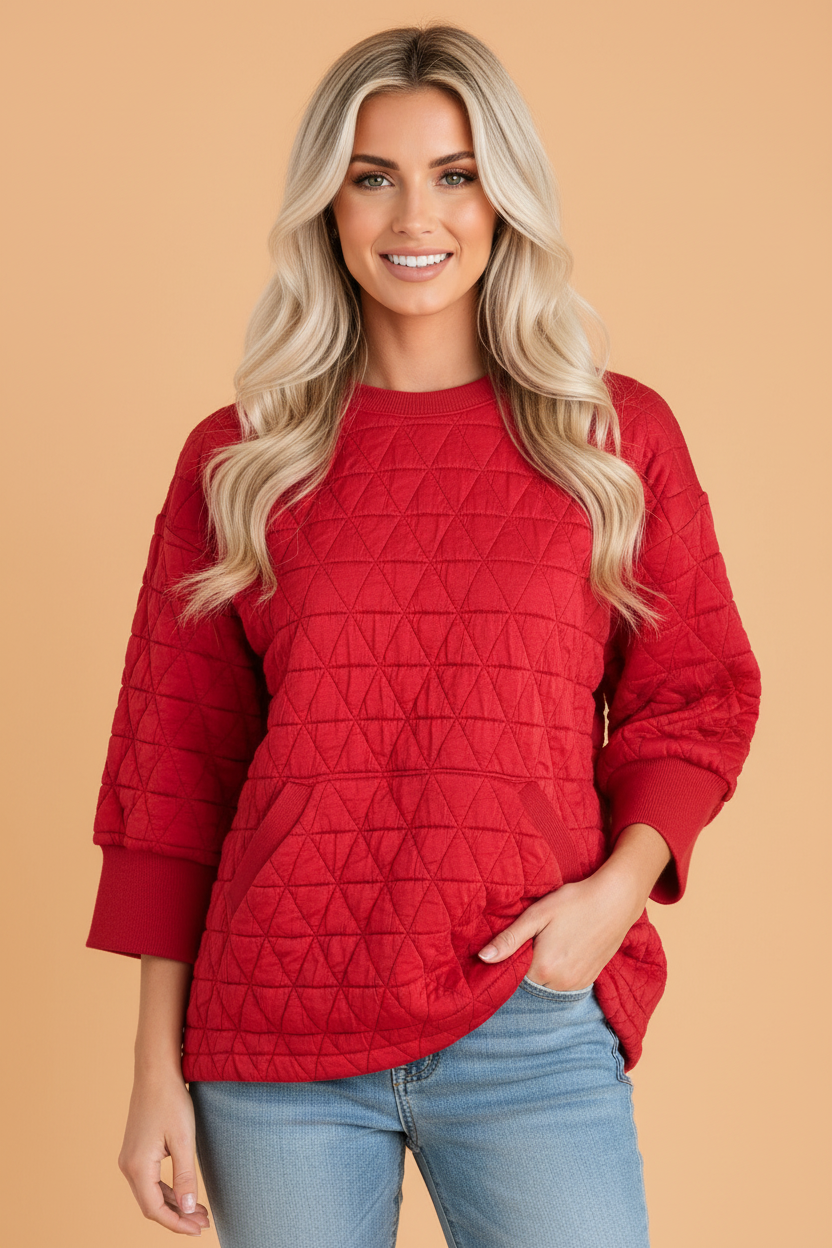 Solid Quilted Textured 3/4 Sleeve Top w/ Pockets