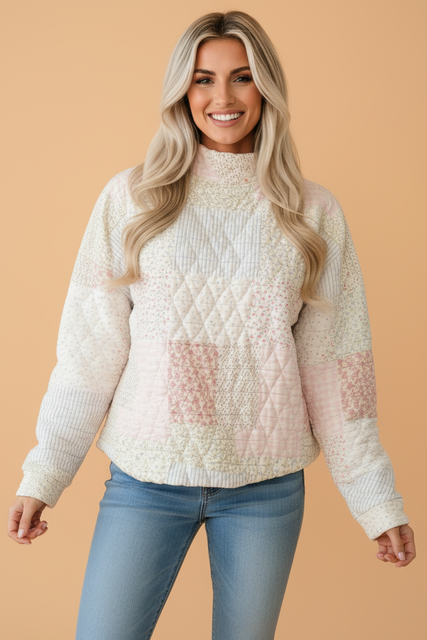 Floral Patchwork Quilted Mock Neck Long Sleeve Top
