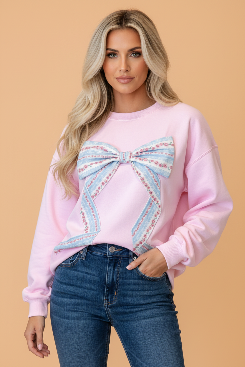 Floral Bow Drop Shoulder Long Sleeve Top