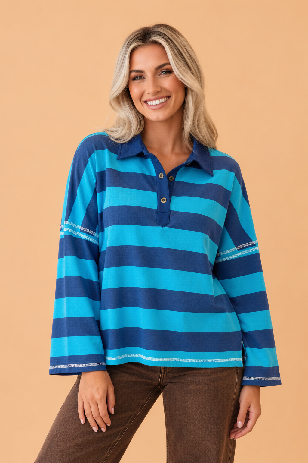 Stripe Contrast Polo Collar Long Sleeve Top