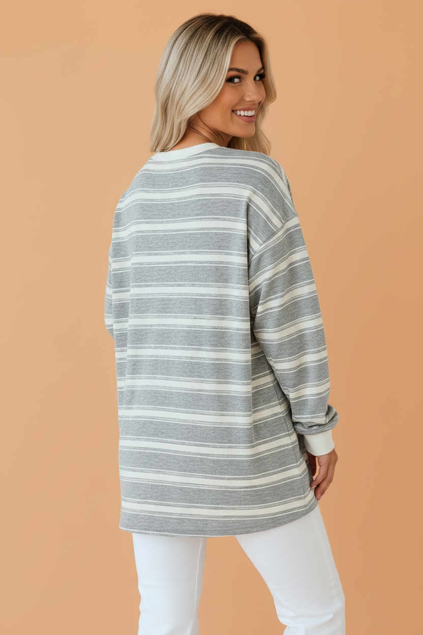 Stripe Contrast Trim Long Sleeve Tunic Top