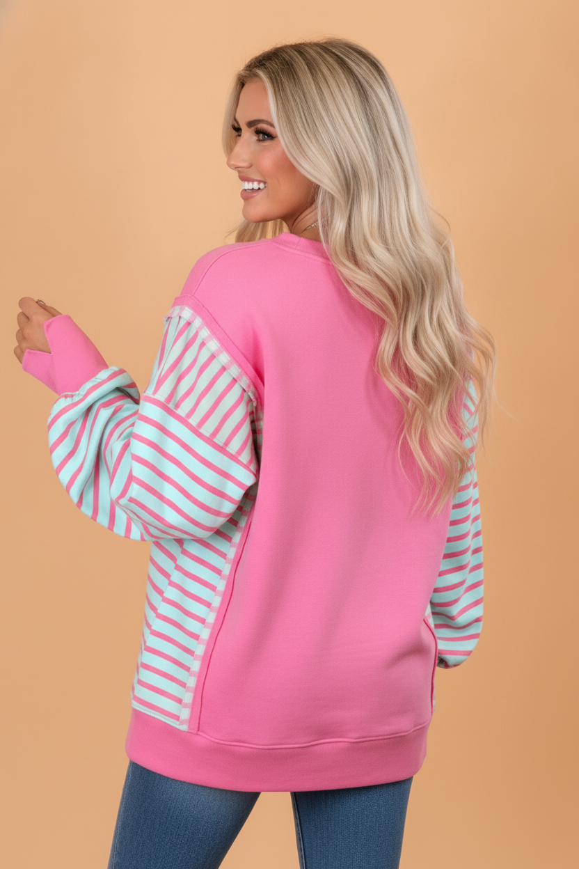 Stripe Patchwork Split Hem Long Sleeve Top