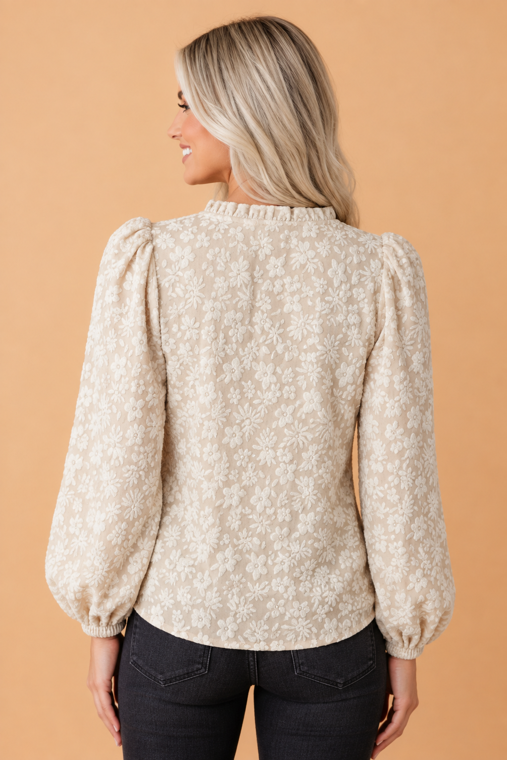 Floral Textured V-Neck Long Sleeve Blouse