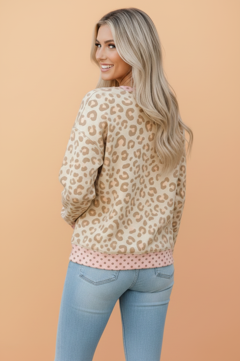 Leopard Polka Dot Colorblock Trim Long Sleeve Top