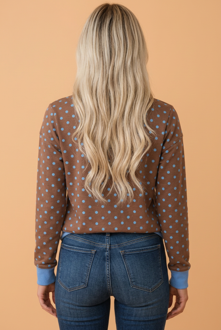 Polka Dot Colorblock Ribbed Trim Long Sleeve Top