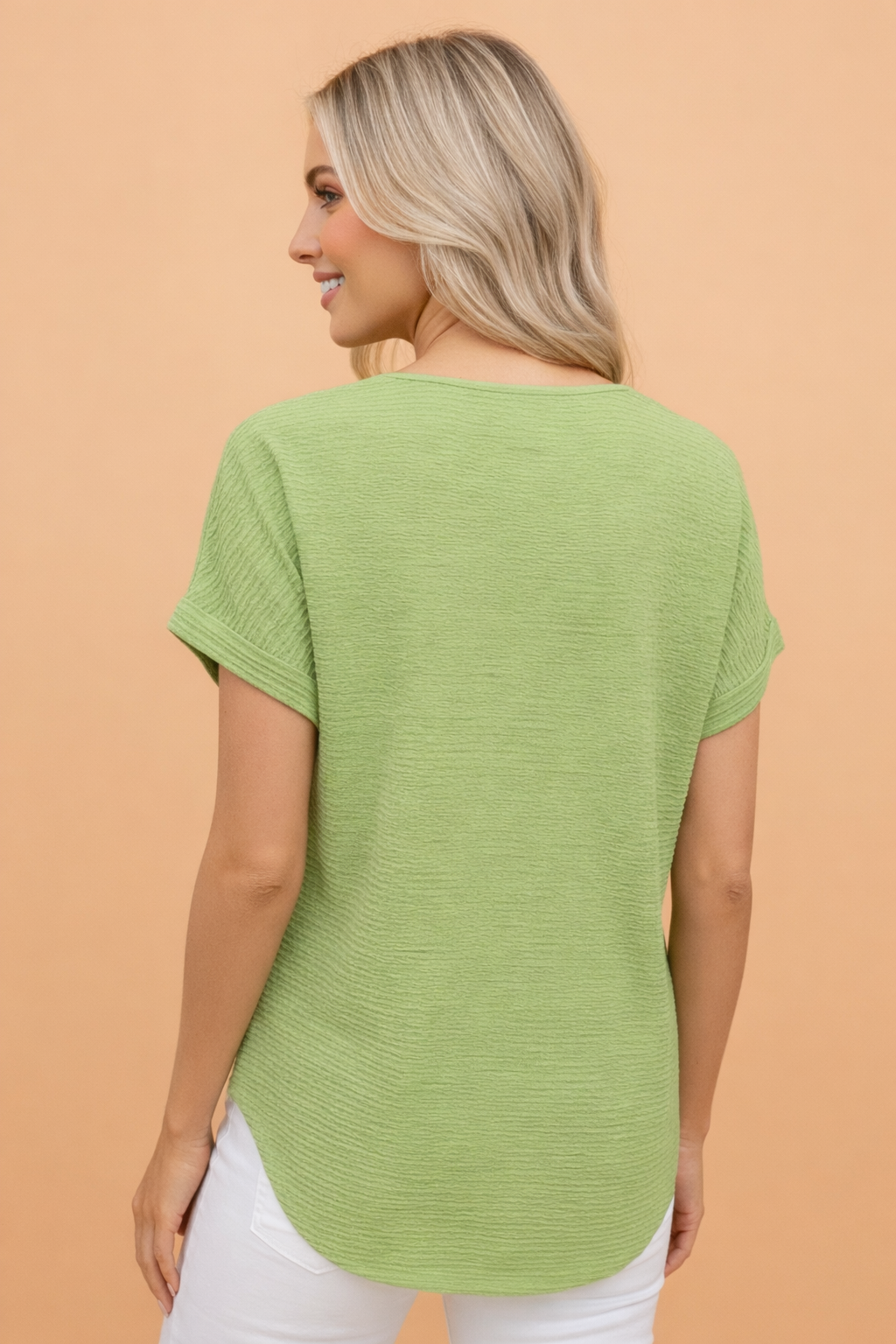 Textured Wide Sleeve V-Neck Casual T-Shirt