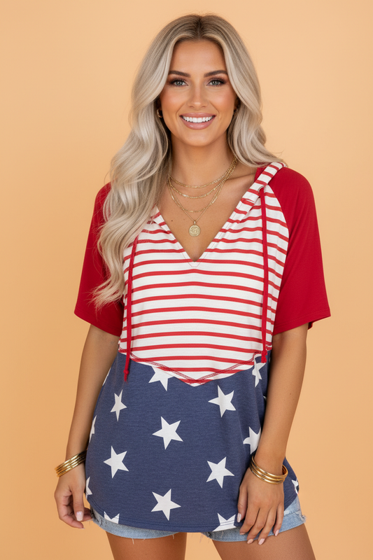 Stars and Stripes Drawstring Hooded T-Shirt