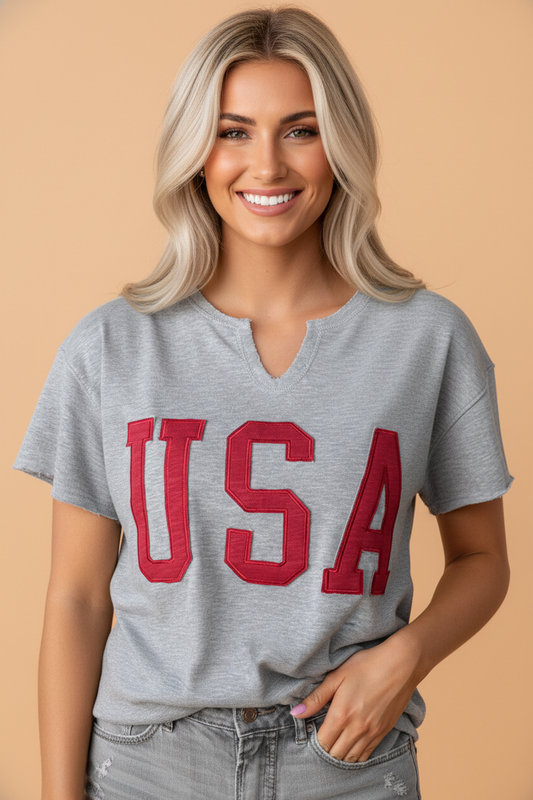 USA Lettering Patch Notch-Neck Loose Tee